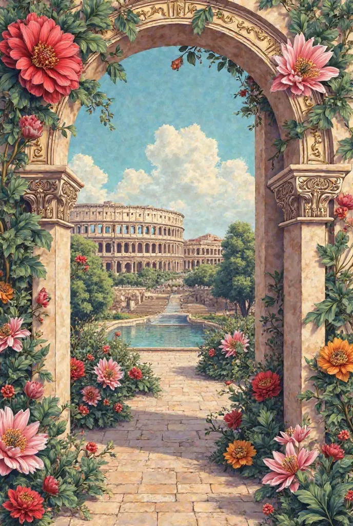 Generate a fabric print on the following theme:
My theme is on colosseum and parthenon’s revival statement through florals like passionflower and acanthus