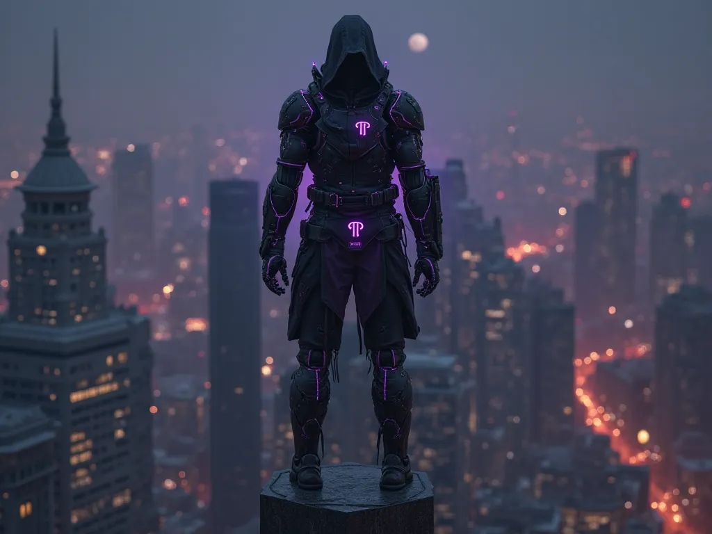 Realistic 3d image depicting an assassin wearing a futuristic robotic assassin uniform. The uniform is blackish purple with the Pi logo. The assassin is standing on top of a tall building, with the style of a winner and conqueror. Night atmosphere with a l...