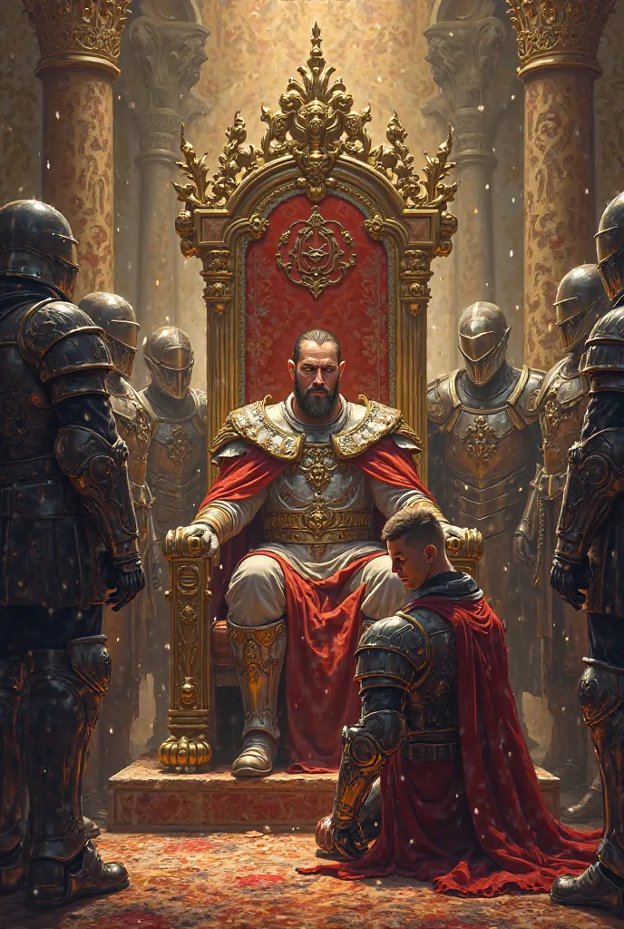 I want a picture of Bedri on the throne and of Buckingham kneeling in respect of him and the Iron Guardians