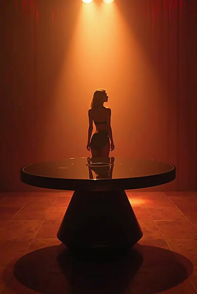 Now a long black table with lights that illuminate the table and a girl above it for a music video also luxurious style with shades of black, gold and some red. 