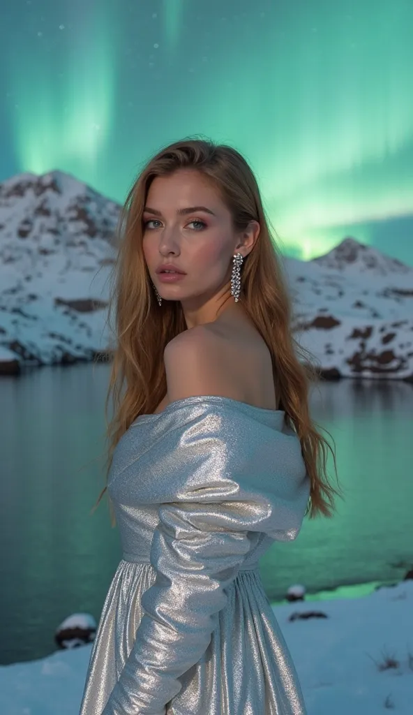 The photo shows a woman in a spectacular way against the backdrop of the aurora borealis and snow-capped mountains.  detailed description :

*   ** woman :** She has wheat-colored long hair, styled. silver-colored metallic fabric. The woman's skin looks sm...