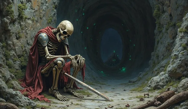 A human skeleton wearing iron armor sits against a cave wall with a sword stuck in the ground.