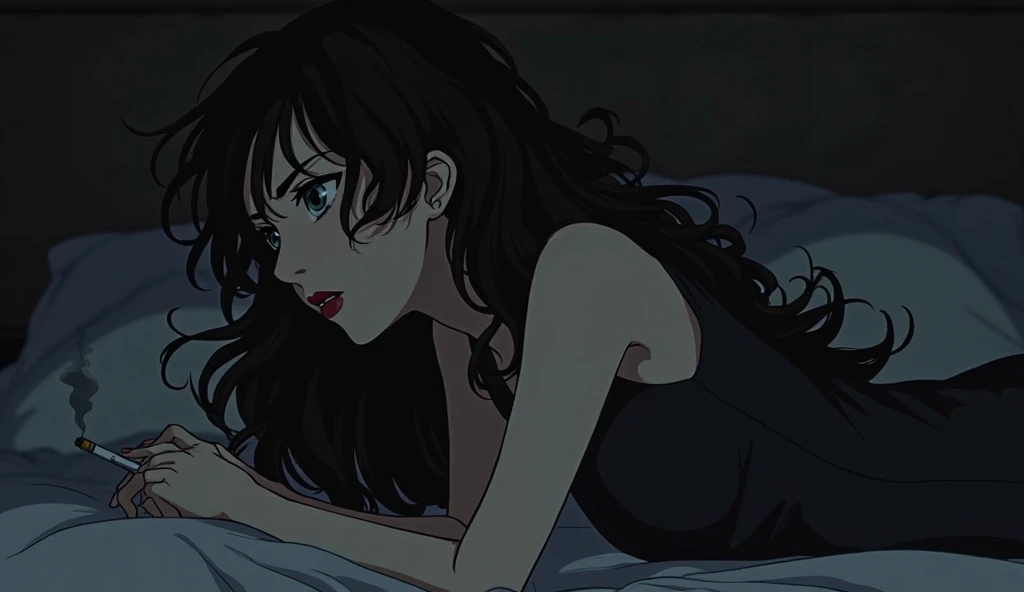 Jujutsu Kaisen screencap of a Female has a beautiful face and long black hair. curls at the end. She wore a black sleeveless dress and lay on the bed with red lipstick. The background is a dark bedroom at night smoking cigarette