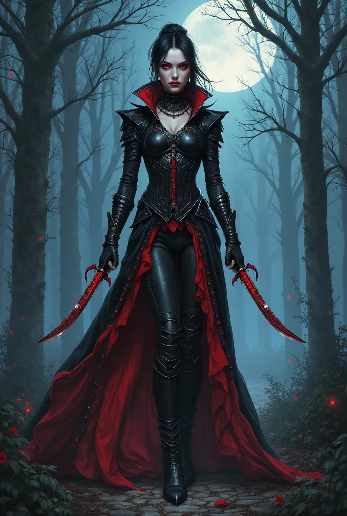 illustration comique art fantastique, L&#39;art gothique, (chef-d'œuvre:1.5), vue du corps entier, Regardant le spectateur. image d'une femme assassin vampire avec deux dagues de type kukri, blak rouge cuir armure, , pantalon sombre, Hautes bottes en cuir ...