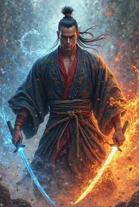 Samoan Demon slayer with A Black, Red and Blue kimono with two katana blades, one blade with ice and the other blade imbued in fire with a fire and ice background