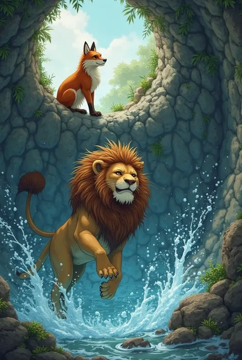 Inside the well, cold water splashes as the lion tries to climb out.

The fox watches from above, chuckling.

The lion roars for help, realizing his mistake.

The fox, feeling merciful, gathers other animals.

With teamwork, they pull the lion out.
