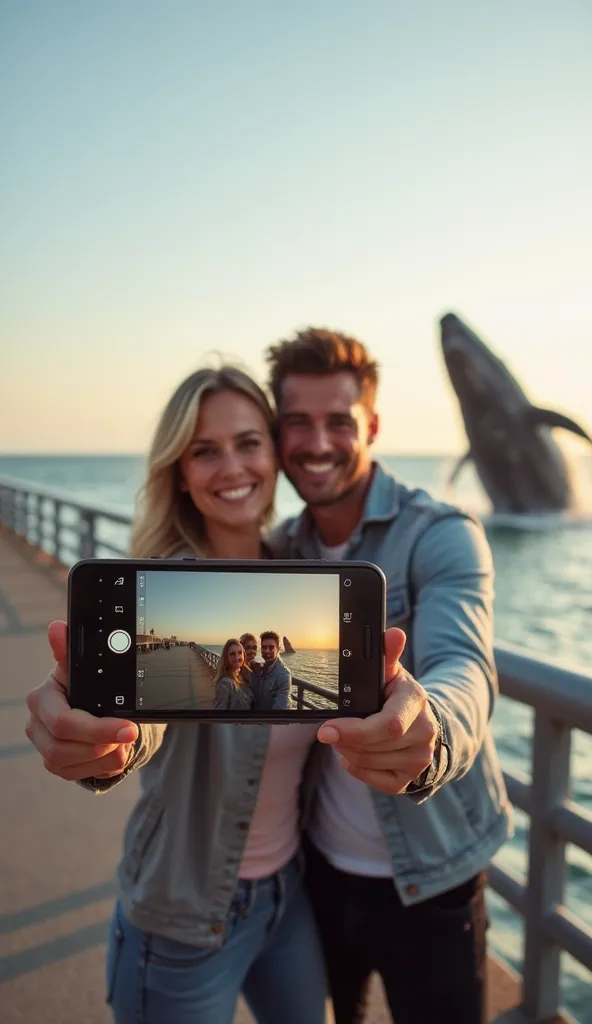 A couple posing on a bridge, facing the sea, ready to take a selfie. They are smiling and hugging, with a cell phone in hand, capturing the perfect moment. The image is seen through the cell phone camera, giving the impression of a close-up of their pose, ...