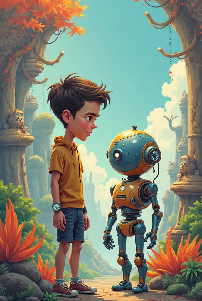 In the foreground will be a human and a robot. The background will be a place from the next world, but man is looking at the clock on his arm cartoon 