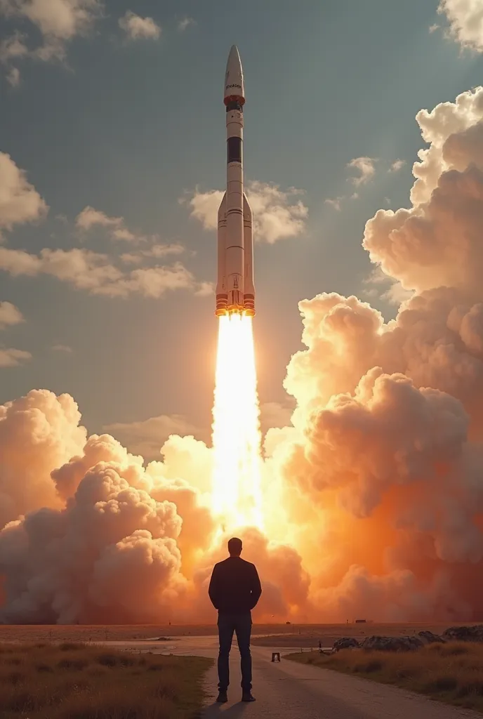 massive SpaceX Falcon 1 rocket launching into the sky, with fire and smoke beneath it. Elon Musk stands at a distance, watching proudly. The sky is filled with clouds and sunlight, capturing a historic moment in space exploration.