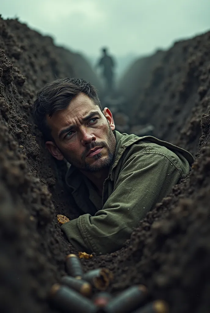 A soldier lying in a trench 