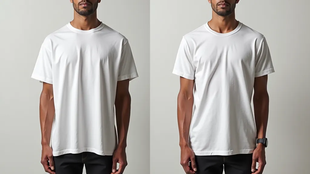 Baggy vs. well-fitted T-shirt (zoom on shoulder/chest fit).