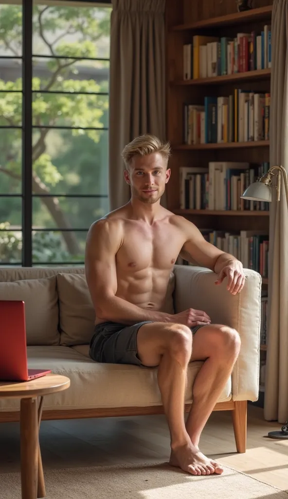 A young fitness, blond, white man, taller, aesthetic body, gorgeous handsome, smiling, shirtless, pantless, barefoot, looking at the camera, elegant pose, ((He is sitting on the couch leaning forward, focus on his seductive, super masculine,  confident  ga...