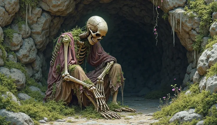 A human skeleton wearing old, torn clothes sits against a cave wall, covered in moss and plants.