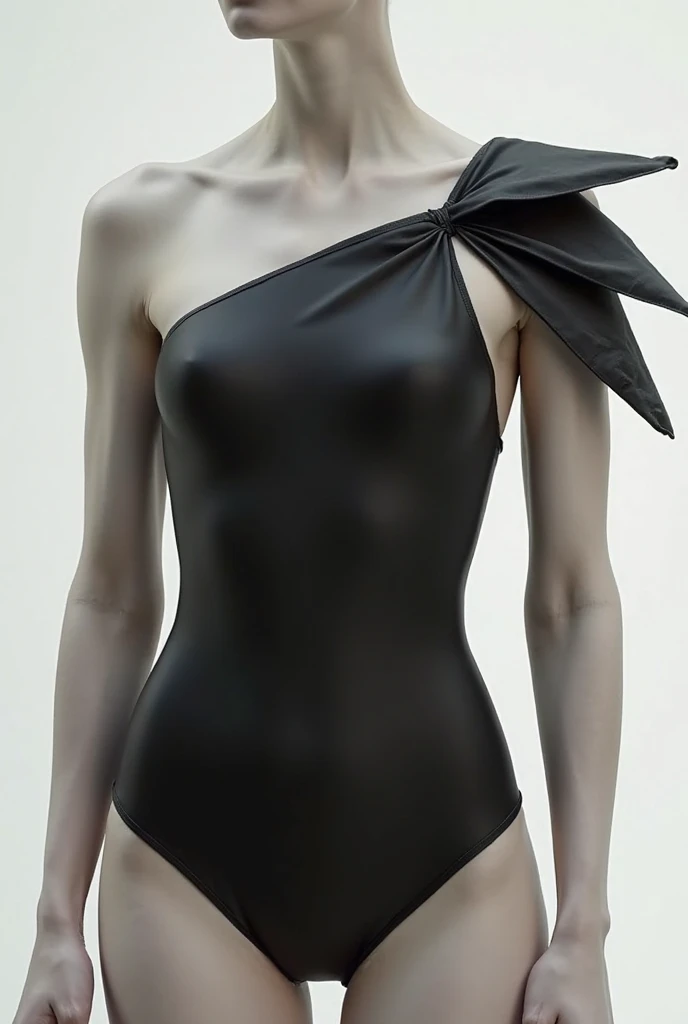 Make me a black lycra swimsuit with three triangles coming out from the right shoulder diagonally