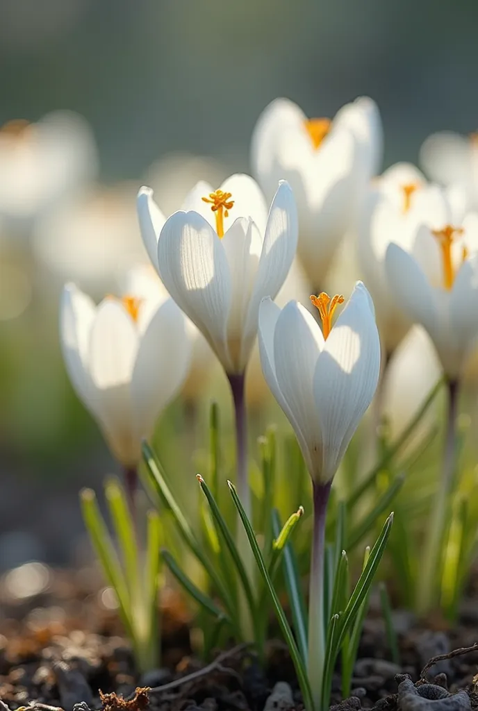 Create a mesmerizing and vibrant video showing the process of opening multi-white crocus flowers