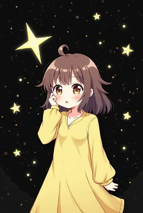 Top Quality,  masterpiece, Ultra High Resolution,  pretty facial features , Flat design, theme, Shoshi no Ko, Hoshino Ai, ( Sleepy Eyes : 1.1), ( cute Yellow Night Dress),  cute, One hand on the face ,  bedtime ,  with messy hair ,
(simple black background...