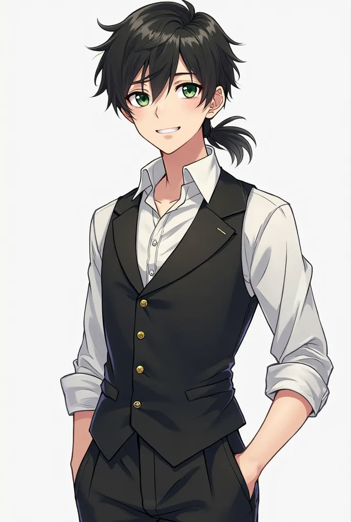 Young 19-year-old guy. black slightly curly hair tied in a ponytail at the back (which is not visible), front of the bangs to one side.  is wearing a white shirt, and black low-collar vest, small buttons on the side. Black plain pants. an aristocrat. Europ...