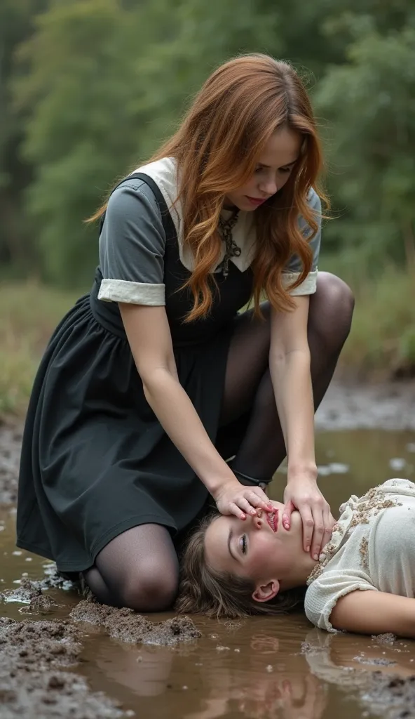 Full body shot, kneeling pose, sadistic, in viscous mud landscape, extreme humiliation scene : Emma Watson in schoolgirl outfit, sleek loose flat ankle boot, black nylon pantyhose. Emma Watson is stomping with her feet on an another girl's face. The girl i...