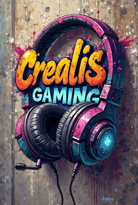 Graffiti with the name crealisgaming and headphone