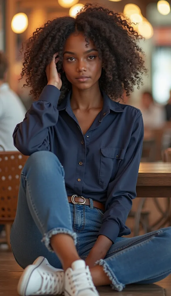 create an ultra realistic model of a 28 year old female with dark skin, curly hair, wearing a long sleeve, normal cuff, high collar navy blue shirt, blouse size p, with traditional blue jeans and white sneakers, sitting in the food court of a shopping mall...