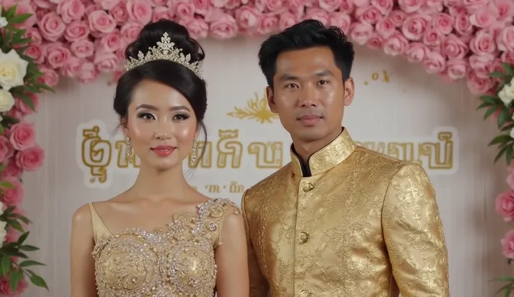 Image is a digital thumbnail for a video, featuring a couple in traditional Thai wedding attire. The man and woman are standing side by side, both wearing ornate gold outfits with intricate patterns. The man has short black hair and a mustache, while the w...