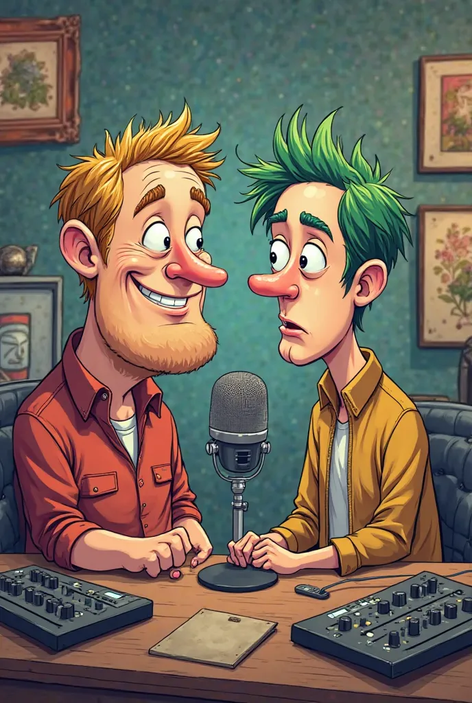 Create a picture with two people, The one  Stick der andere dünn. Both are men, The one , The skinny one has green hair the other has blonde hair and they both make a podcast called Die Arschgeigen.