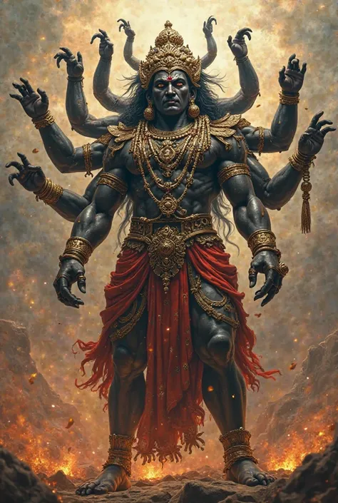 Ravana is described as having ten heads, twenty arms, a broad chest, and is often depicted wearing the regalia of Indra, the king of gods, signifying his immense power and stature; he is also described as being very large and powerful, with a dark complexi...