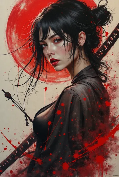  Amazing painting admiring a striking woman holding a katana artwork ,  her feminine contours boldly outlines perfection ,  eyes yawning into abyss ,  dream scene in which mel ,  perfectly rendered face ,  fantasy emphasizing fantasmagoric fantasy nocturne...