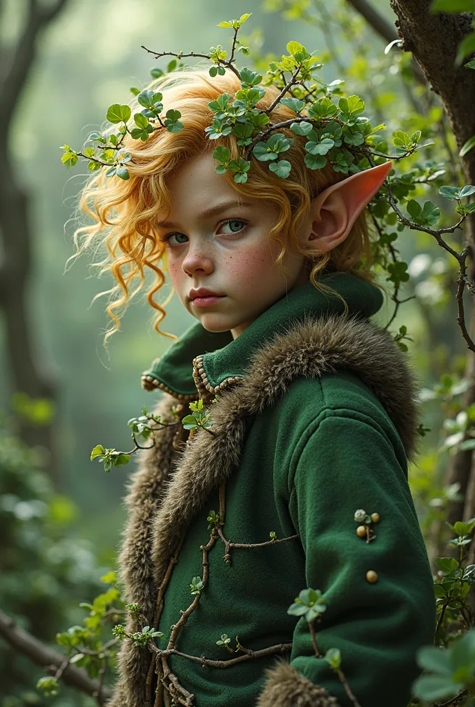 Leprechaun with curly blond hair with leaves in her hair and a large fur coat. Caucasian, plants and branches all over the body