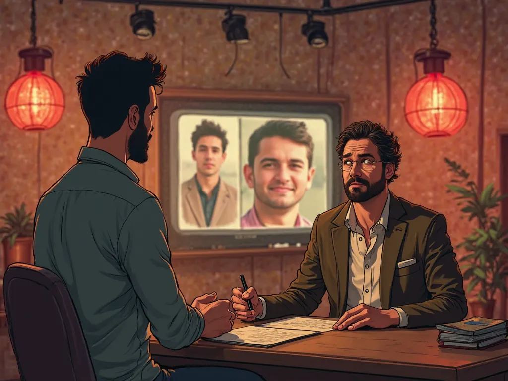 A TV show host mocking a 22 year old man with his old begging photos on a screen, studio lights, 22 year old man , tension in the air, The scene is warm, bustling, and rich in cultural details, captured in a semi-realistic, hand-drawn style with soft light...