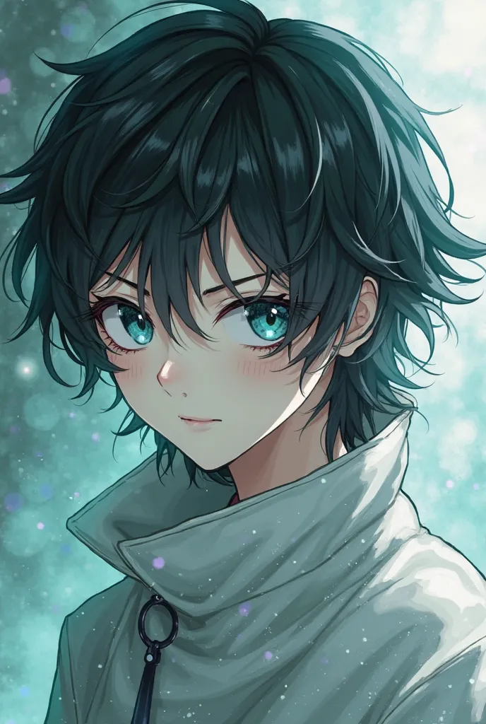 I want to create a jet-black haired character called Eiji, fulminant turquoise eyes,  soft white skin , Average height, is serious and has a beauty and delicacy mixed with rudeness, It's almost ethereal