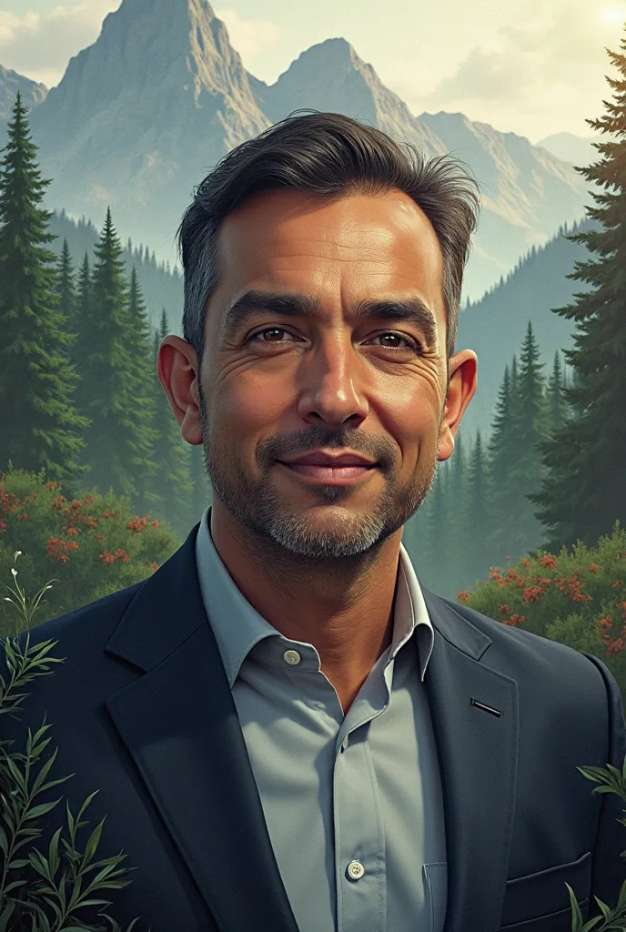 A mesmerizing portrait in the foreground of a logo with forest and mountains for an ENVIRONMENTAL ENGINEERING venture, with owner name Ing. Diego Tinoco.