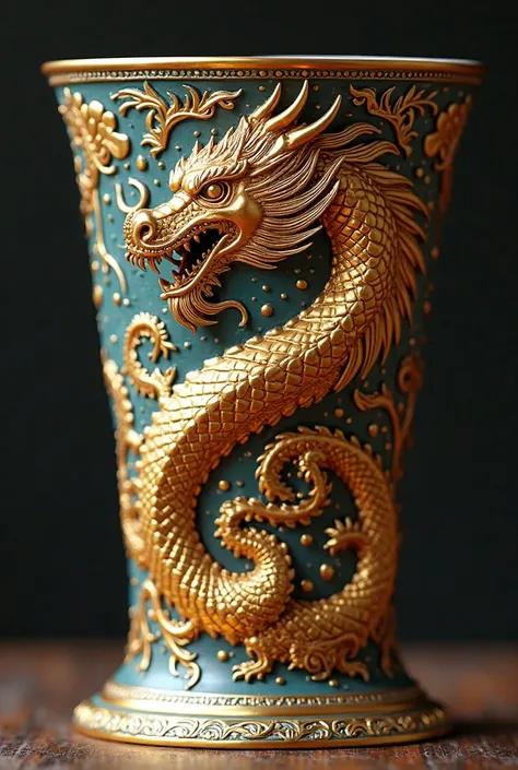 g
Create a cup, paint with an English puncher. This cup is painted with a golden dragon