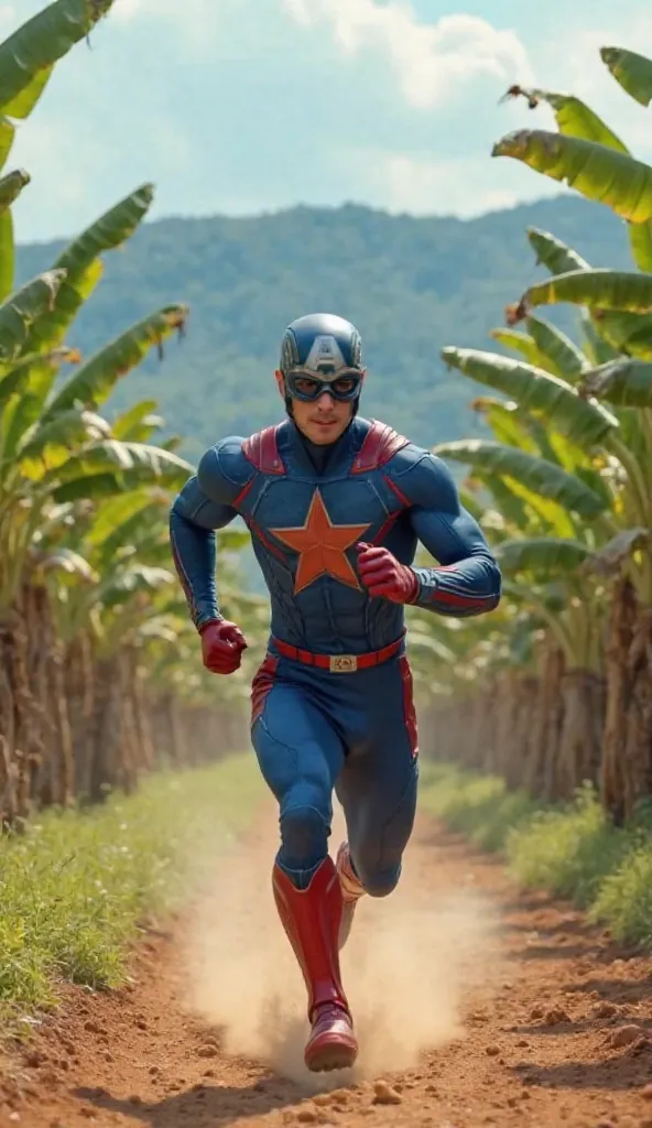 Create a hyperrealistic image of a man wearing a blue superhero costume with red and white details, a star emblem on his chest and a metallic helmet with the letter 'A'. He's running high speed along a dirt track in the middle of a vast tropical plantation...