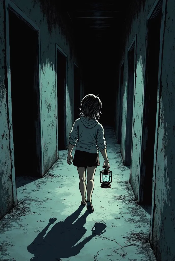 "Manga panel depicting a dim corridor inside an abandoned boarding school. The floor is covered in dust and long, eerie shadows stretch across the walls. Laura cautiously walks with a flickering lantern that casts trembling reflections. A ghostly whisper, ...