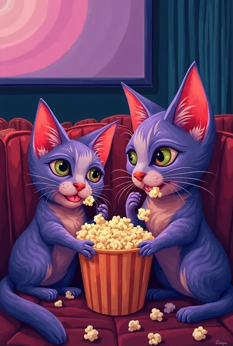 Cubist style kittens at the movies eating popcorn. Colors purple and orange Cubist style