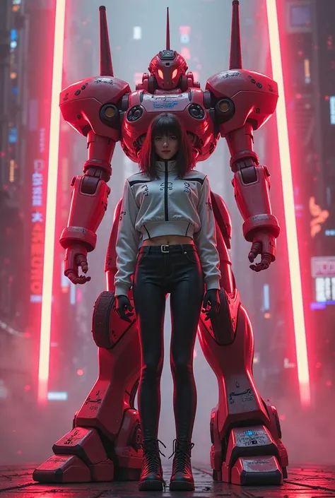 
1classic large mecha woman with final fantasy face with a sleek futuristic design with mecha rocket, plate launcher, mischievous pose. dominated by stylish red neon, high-collared crop white puffy jacket with patches kanji pattern. Tactical pants & boots....