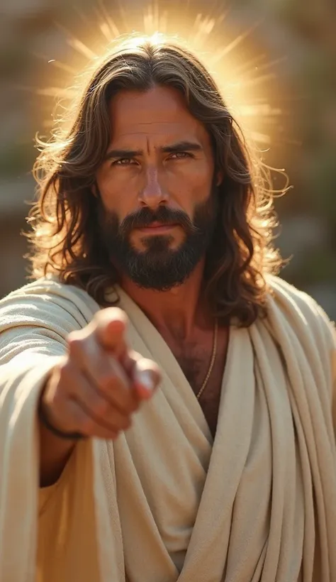 "A highly detailed, ultra-realistic, soft, and cinematic image of Jesus with long, wavy hair and a well-groomed beard. He stands in a warm, golden light with a subtle halo glowing around his head. Jesus is wearing a simple, white robe with soft, natural fo...