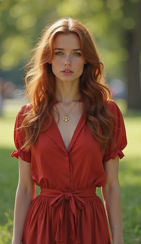 CAUCASIAN WOMAN, Nordic, long wavy reddish hair, tied in a tail, green eyes,  slapped nose, 1.60 mts. 55 kilos, Slim waist, curly eyelashes , diamond face, he is wearing a red blouse, little skirt,  walking with a friend in a park 