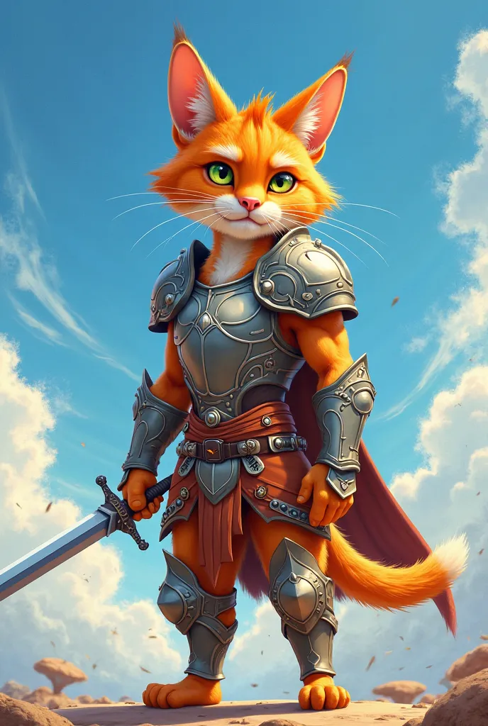 Create image : An orange anthropomorphic cat male warrior, on sky landscape, Pixar-style 2D animation. size 16:9