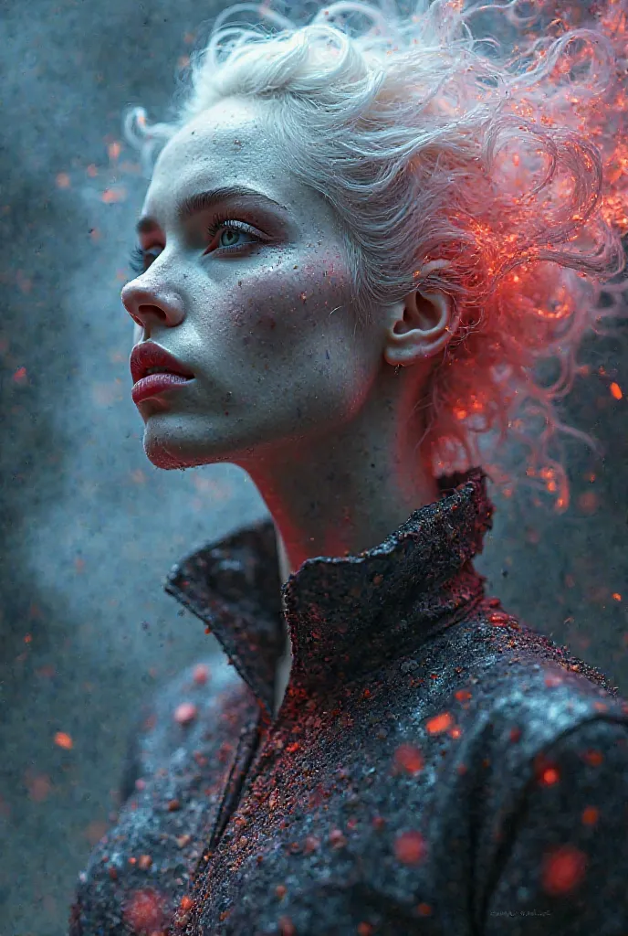 albino demon woman , in half a turn,  head up . in deep neckline craquelure clothes.drops on the face. vesicles. smoke is enveloped in .  ethereal substances . shards of glass are everywhere . galaxies. neurons . female body aesthetics.  refinement .4K. a ...