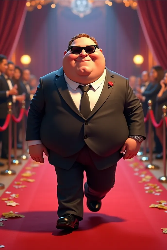 A glamous peter griffin walking whit sun glasses on a red carpet