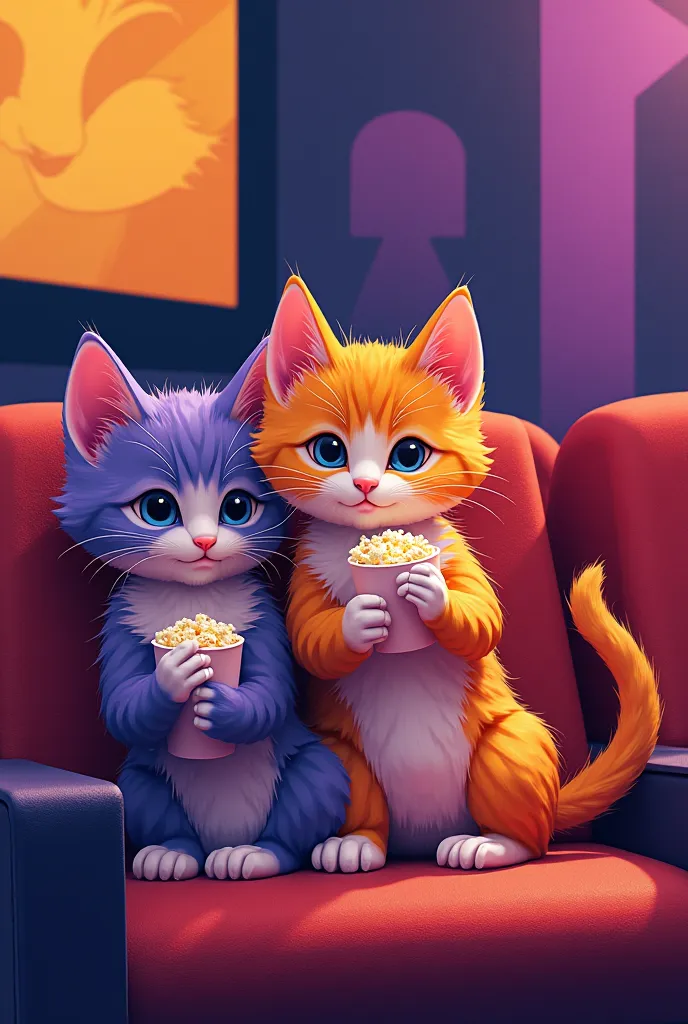 modern cubist-style kittens at the movies eating popcorn. Colors purple and orange Cubist style