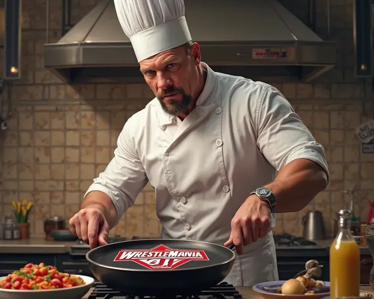 Wwe, superstar triple, hhh, in a chefs hat and uniform cooking over a stove and in the pan is the wrestlenania 41 las Vagas logo 