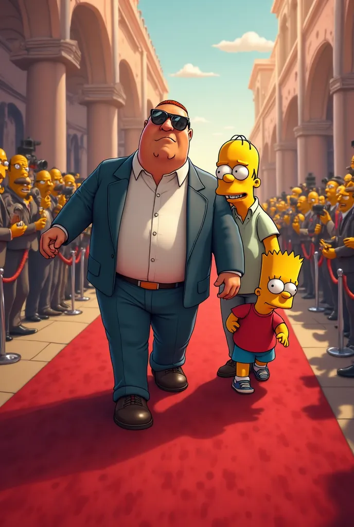 A peter griffin walking whit sun glasses on a red carpet and homer simpson an bart too