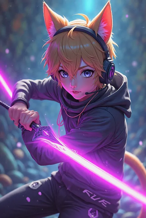 Anime boy , short blonde hair, cat ears , Gaming Headset, two purple glowing swords