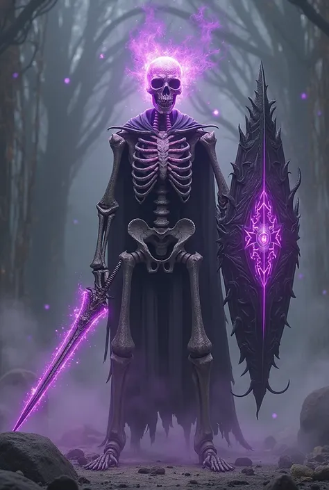 Or is the skull on fire purple, The body is skeletal and dying, an enchanted sword in one hand and an enchanted mystical shield in the other hand!