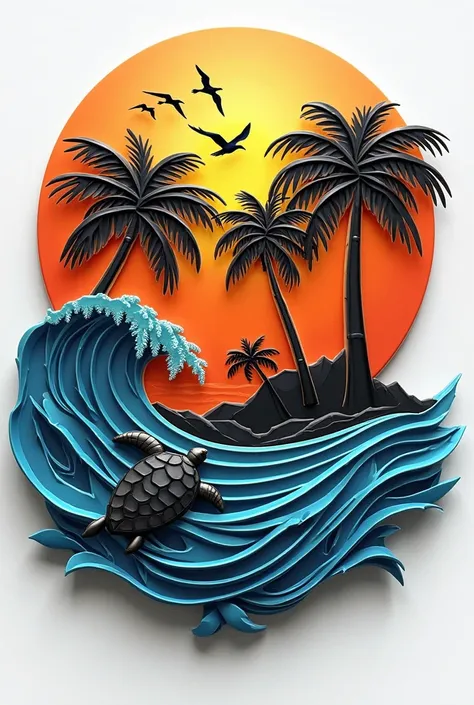 Design a professional, modern, and visually striking logo for 'DIANI TOUR GUIDE,' incorporating a tropical and coastal theme with a sleek 3D embossed effect. The composition should feature a radiant sunset with a rich orange-to-yellow gradient, positioned ...