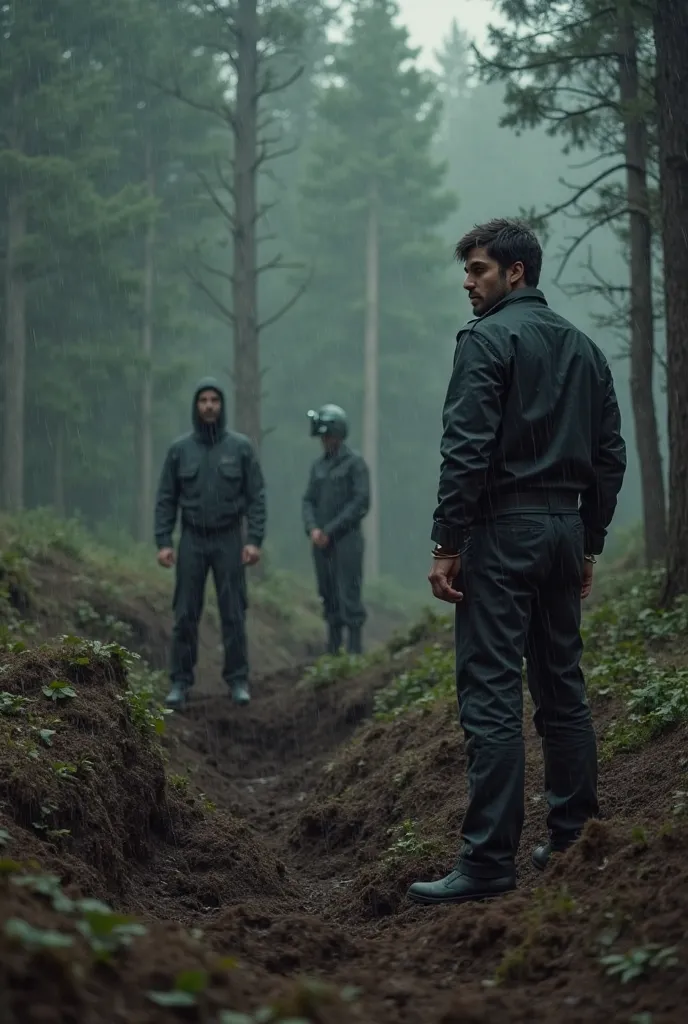 A grim scene in a forest, with police officers digging up shallow graves. Pedro Alonso López, handcuffed, points to the ground with a cold, emotionless expression. The atmosphere is heavy and somber, with rain falling and the forest shrouded in mist.