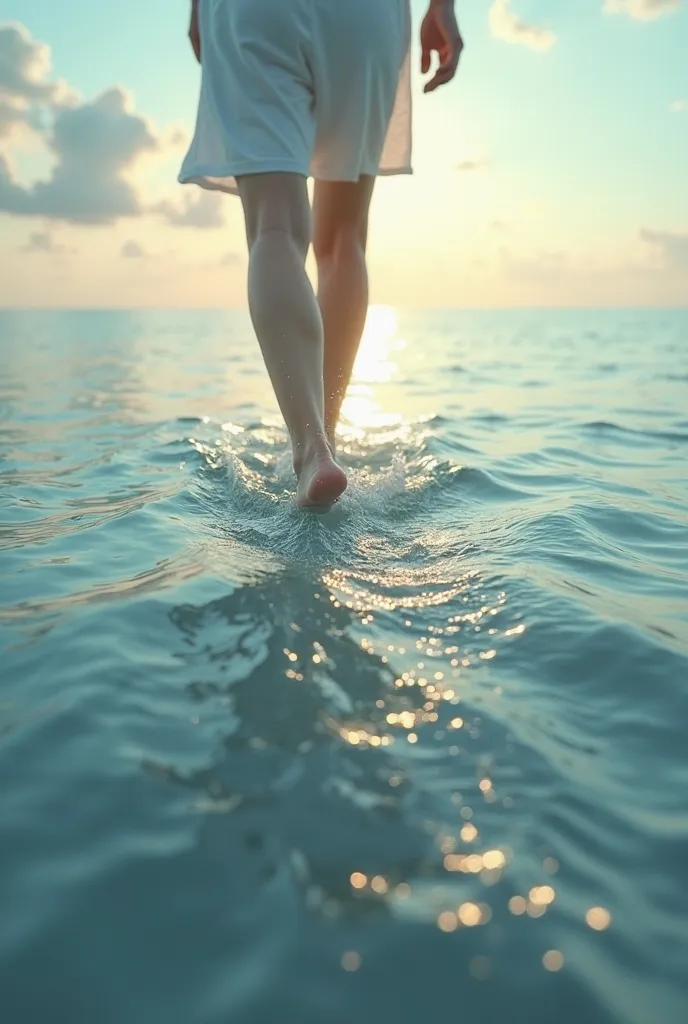 Create an image of an ocean and that a person is walking and only their feet can be seen